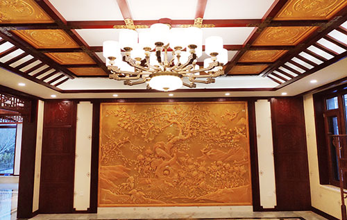 崖州中式别墅客厅中式木作横梁吊顶装饰展示